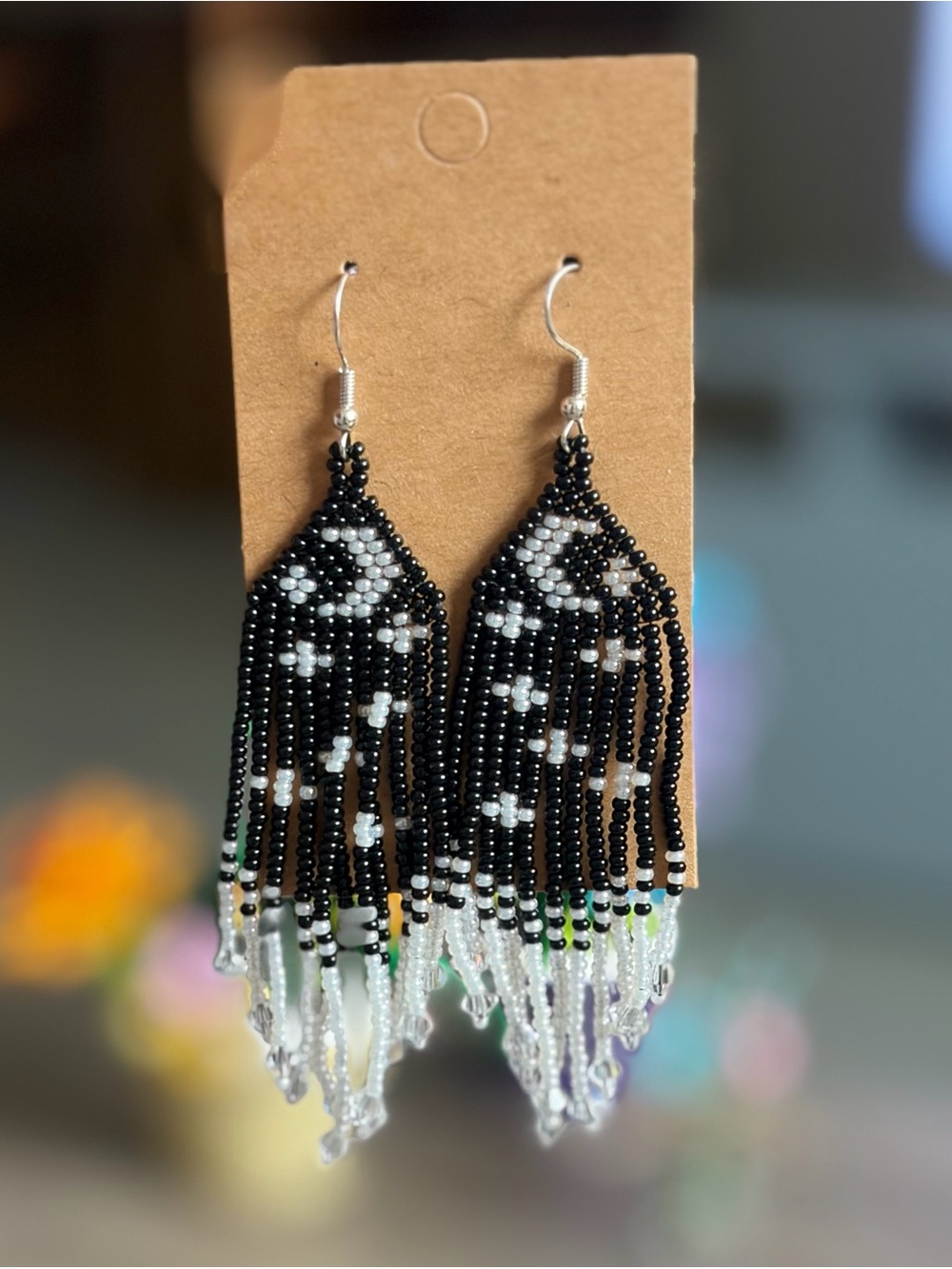 Handmade Black and White Beaded Fringe Earrings - Women Jewelry